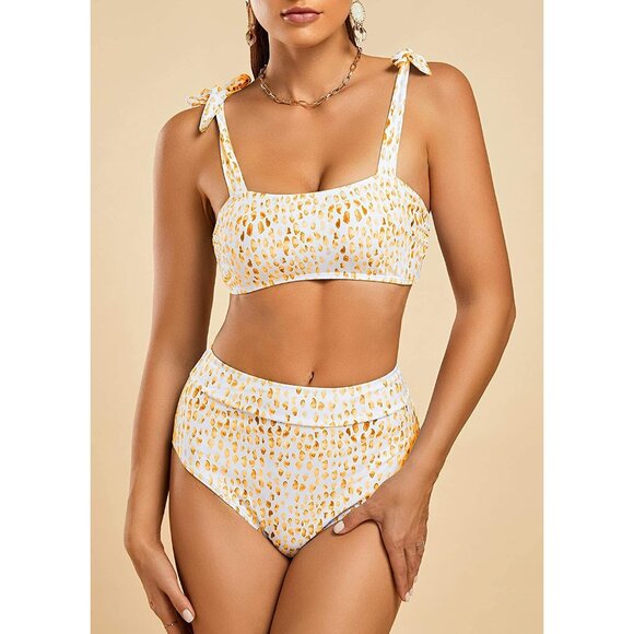 FERBIA Womens SMALL Yellow Giraffe Print Bandeau High-Waisted BIKINI Swimsuit - Picture 1 of 4
